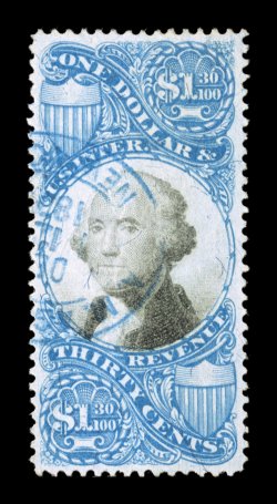 R119, $1.30 Blue and black, an exceedingly choice used example, very well centered, lovely colors that are unusually bright and fresh, neatly cancelled by a light oval blue
handstamp, extremely fine actually quite scarce in this impressive qual