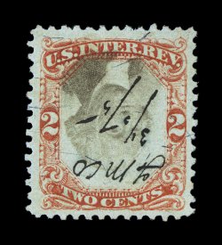 R151a, 2c Orange and black on green paper, inverted center, wonderfully well centered and margined, which is most unusual on the revenue inverts, strong rich colors and crisp
impressions, neat 1875 year date ms. cancel, extremely fine 1988 PF c