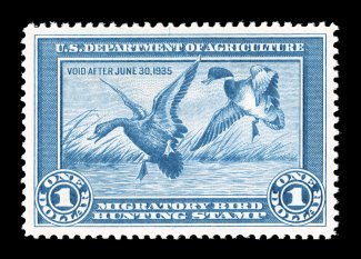 RW1, 1934 $1.00 Blue, a most impressive mint example, being extraordinarily well centered within particularly large margins, beautiful rich color on pristine white paper, o.g.,
n.h., extremely fine a large-margined gem 2007 PSE certificate (XF