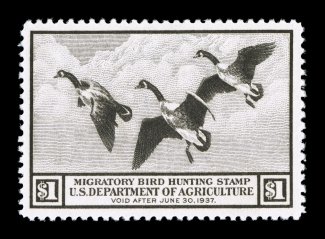 RW3, 1936 $1.00 Brown black, well centered within extra-large margins, fresh rich color, o.g., n.h., extremely fine 2007 PSE certificate (VF-XF 85 SMQ
$440.00).