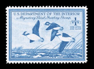 RW15, 1948 $1.00 Bright blue, exceedingly well balanced margins all around, uncommonly bright and fresh, o.g., n.h., extremely fine 2003 PSE certificate (XF-Superb 95 SMQ
$200.00).