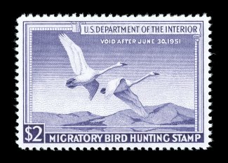 RW17, 1950 $2.00 Violet, perfectly centered within large margins, exceedingly bright and fresh, o.g., n.h., extremely fine gem 2007 PSE certificate (Superb 98 SMQ
$475.00).