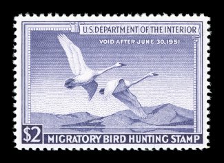 RW17, 1950 $2.00 Violet, pristine mint single, deep rich color on bright white paper, excellent centering, flawless o.g., n.h., extremely fine 2007 PSE certificate (XF-Superb
95 SMQ $225.00).