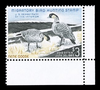 RW31, 1964 $3.00 Multicolored, bottom right corner margin single, excellent centering within large margins, rich colors, o.g., n.h., extremely fine 2007 PSE certificate
(XF-Superb 95 SMQ $200.00).