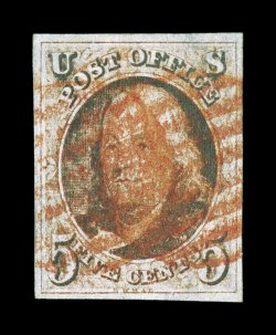 1, 5c Red brown, used, large even margins all around, rich color and a fine impression, red grid cancels, extremely fine 1998 and 2004 PSE certificates (latter grading VF-XF 85
SMQ $710.00).