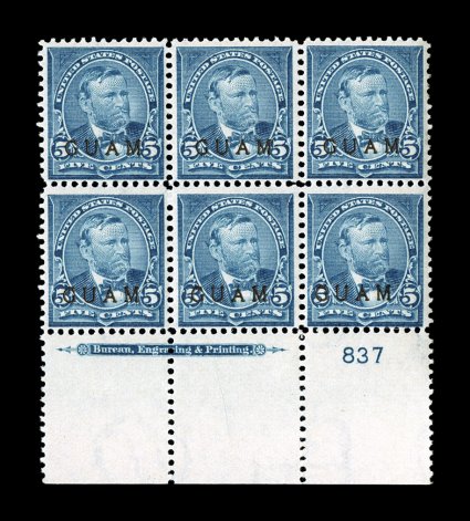 5, 5c Blue, full bottom margin imprint and plate no. 837 block of six, strong rich color on fresh white paper, attractively centered, tropicalized o.g. as often, a couple minor
perf. separations, fine-very fine.