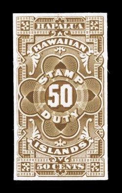 R1TC, R2TC, 25c and 50c Revenues, trial color proofs on India, five different colors of the 25c (including the issued Green) and three different colors of the 50c, full margins
all around, bright colors, one 25c and one 50c each with s small ton