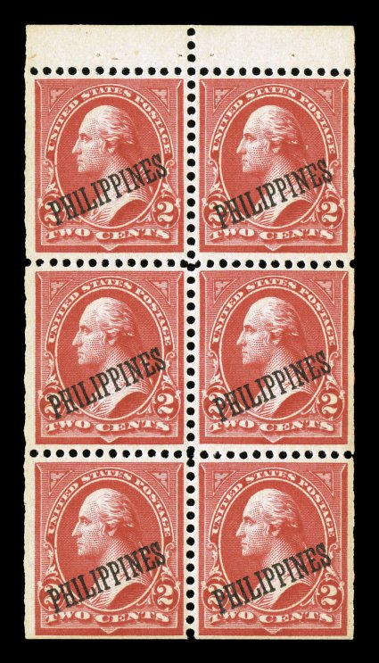 214b, 2c Orange red, Ty. III, booklet pane of six, position H, showing a guide line at right, exceptionally well centered, brilliantly rich color, o.g., never hinged, extremely
fine an unusually select example of this booklet pane, as nearly al