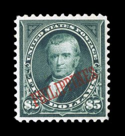225, $5.00 Dark green, a most impressive mint example of this scarce high value, excellent centering, sumptuously rich color and a well incised impression, full o.g., lightly
hinged, extremely fine overall only a tiny fraction of the 782 issued