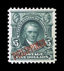 239, $5.00 Dark green, a fabulous quality mint example that is among the finest of the 746 issued, precisely centered amid uncharacteristically large margins, rich luxuriant
color and a crisp detailed impression on clean white paper, full fr