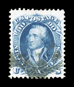72, 90c Blue, wonderfully well centered within exceptionally large margins, rich bright color and a clean impression, face-free cork cancel, extremely fine a handsome used
example of this high value 1999 PF certificate.