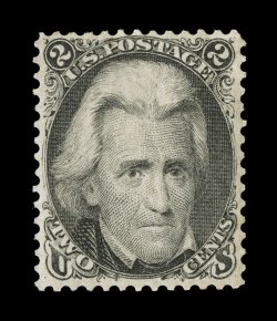 73, 2c Black, extraordinarily well centered for this, strong color and a crisp detailed impression, full clean o.g., lightly hinged, extremely fine a select mint example of this
popular and difficult stamp 1990 PF certificate ex-Billington.