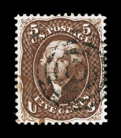 75, 5c Red brown, a most impressive used example of this notoriously challenging stamp, not only is it magnificently well centered and margined, but its color is incredibly deep
and rich, while its impression is prooflike on fresh white paper, l