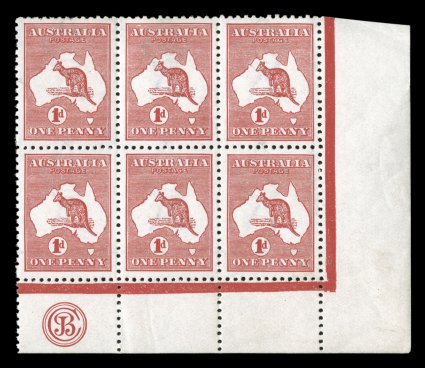 2, 1913 1p Red, Die IIA, bottom right corner margin JBC monogram block of six, from the right pane of Plate H, with position 58 showing the white scratches through NY of PENNY
variety, extraordinarily well centered and margined, deep r