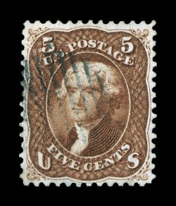 75, 5c Red brown, exceptionally well centered for this difficult stamp, lovely rich color and a detailed impression, light grid cancel, extremely fine 2005 PSE certificate
(VF-XF 85 SMQ $800.00).