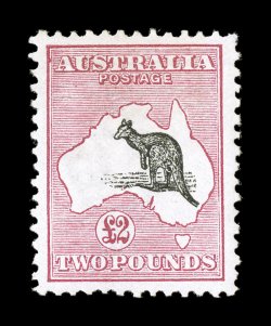 15, 1913 £2 Deep rose and black, mint single of this first issue key value, exceptionally well centered, deep intense colors of both the rose and black, o.g. that is slightly
yellowed from age, h.r., choice very fine (S.G. 16 £3,500).