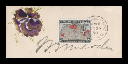 Sir William Mulock, Postmaster General of Canada, autograph collection of 2c Imperial Penny Postage issues featuring a lovely signature card with single tied by St. Catherine
St. WestMontrealDE 25 98 c.d.s., the inauguration date of the Imper