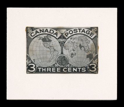 1898 3c Imperial Penny Postage photographic essay, a stamp size photo of the ink line and wash drawing listed in Minuse & Pratt 85E-A, mounted on card, very fine and unusual
this is one of two 3c designs for the Imperial Penny Post issue (see t