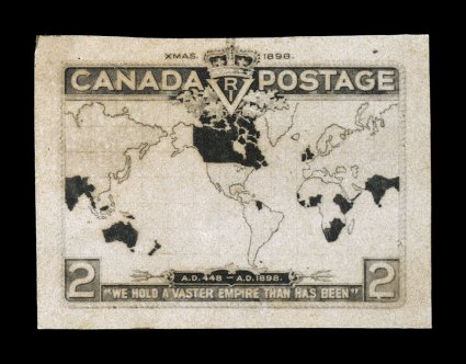 1898 2c Imperial Penny Postage, engravers model essay, stamp size original photo of the the artists drawing used by the engraver for proper layout and measurement in engraving
the die, this design is similar to the final design but differing in