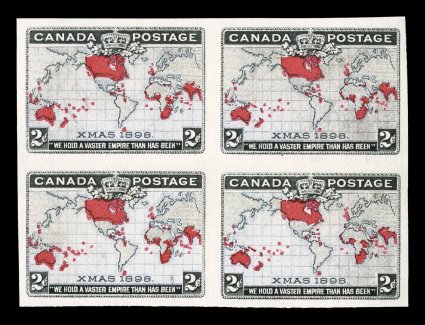 1898 2c Black, lavender and carmine Imperial Penny Postage, imperforate, without gum as issued, handsome block of four with full wide margins all around, attractive colors
including a nice lavender shade for the oceans, bright paper, extremely fi