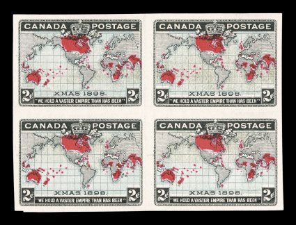1898 2c Black, blue and carmine Imperial Penny Postage, imperforate, without gum as issued, choice block of four with larger even margins, the oceans are in a blue green shade,
extremely fine (Unitrade 86a C$1,200.00).