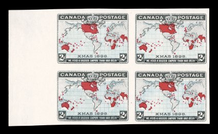 1898 2c Black, blue and carmine Imperial Penny Postage, imperforate, without gum as issued, large left sheet margin block of four with wide even margins on the other sides as
well, a particularly fresh block with bright colors on white paper, the