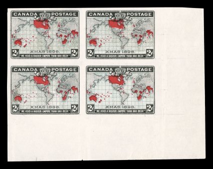 1898 2c Black, blue and carmine Imperial Penny Postage, imperforate, without gum as issued, impressive bottom left corner margin block of four with large selvage plus full even
margins on the other two sides, fresh and extremely fine an attracti