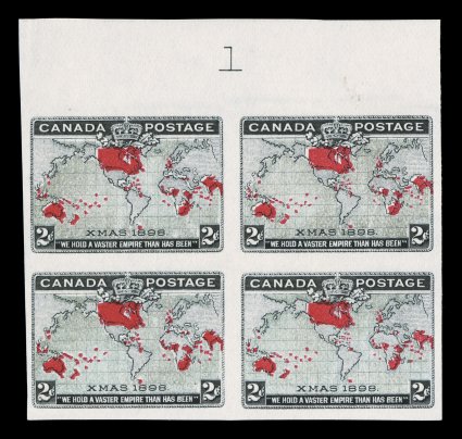 1898 2c Black, blue and carmine Imperial Penny Postage, imperforate, without gum as issued, top margin plate no. 1 block of four, large even margins on the other three sides,
attractive colors with oceans showing a slightly muddy water effect,