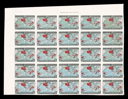 1898 2c Black, blue and carmine Imperial Penny Postage, imperforate plate proof on stamp paper in the issued colors, a full top left corner block of 25 being a full
quarter-sheet from the unissued plate 4, American Bank Note Co. Ottawa impr