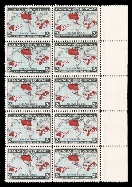 1898 2c Black, blue and carmine Imperial Penny Postage, right sheet-margin block of ten showing the plate line between the fifth and sixth rows in the selvage, an exceptionally
attractive block with bright blue oceans, overall well centered with