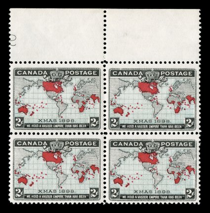 1898 2c Black, blue and carmine Imperial Penny Postage, top margin block of four showing plate no. 2 at left, positions 6-716-17, the two right stamps (positions 7 and 17) show
the major re-entry of Xmas that show a doubling of that word as we