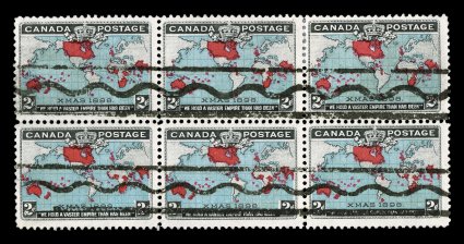 1898 2c Black, deep blue and carmine Imperial Penny Postage, block of six (3x2) with horizontal Toronto pre-cancel, deep colors with the blue showing an especially deep color,
well centered, three stamps with barely noticeable edge flaws, oth