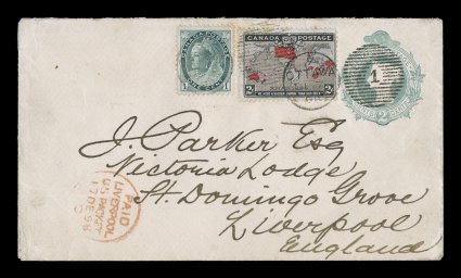 1898 2c Black, lavender and carmine Imperial Penny Postage, first day cover posted on December 7, 1898, the date recognized as the first day of issuance, tied along with 1c
Green to a 2c Green postal entire (Unitrade 75, U7) by OttawaDE 7 98