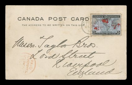 1898 2c Black, lavender and carmine Imperial Penny Postage, first day card posted on December 7, 1898 to Liverpool, England in single franking paying the proper 2c U.P.U. post
card rate, but also a foreshadowing of the single franking for the Imp
