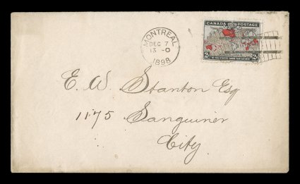 1898 2c Black, lavender and carmine Imperial Penny Postage, first day cover, attractive single franking paying the local rate in the city of Montreal, rather well centered
stamp showing the muddy water effect, tied by MontrealDec 71898 flag