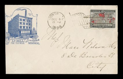 1898 2c Black, lavender and carmine Imperial Penny Postage, attractive single showing the muddy water effect in a uniform bronze shade, tied to very early cover with illustrate
corner card of J.T. Bell Fine Footwear of Montreal, the single stam