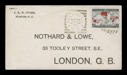 1898 2c Black, blue and carmine Imperial Penny Postage, Christmas first day cover of the Imperial Penny Postage rate, single with bright colors and pale blue oceans, tied to
handsome printed envelope of Nothard & Lowe of London, England by cut gr