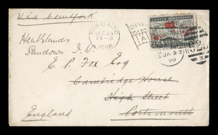 1898 2c Black, blue and carmine Imperial Penny Postage, Christmas first day cover of the Imperial Penny Postage rate, single (perf. tip toning) tied to envelope with imprinted
flap Attorney Generals DepartmentFisheries BranchOntario by Toro