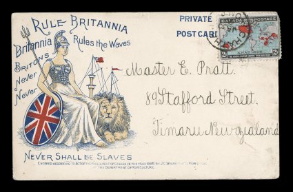 1898 2c Black, deep blue and carmine Imperial Penny Postage, single with deep colors affixed slightly over the edge damaging the right margin, tied to multicolor Britannia
Rules the Waves post card to Timaru, New Zealand by ChathamOnt.Ja