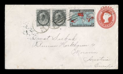 1898 2c Black, blue and carmine Imperial Penny Postage, attractive single along with 12p Black Numeral (Unitrade 74) tied to 2c Red postal entire (Unitrade U11) by SydneyN.S.FE
22 00 duplexes, nice single U.P.U. letter rate posted to B