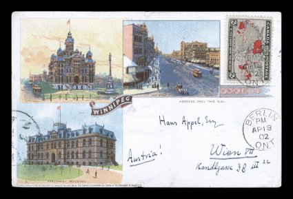 1898 2c Black, lavender and carmine Imperial Penny Postage, attractive single showing the muddy water effect in a uniform gray brown, gorgeous multicolor post card of Winnipeg
in lovely pastel colors showing three different views of the city, s