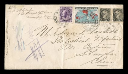 1898 2c Black, deep blue and carmine Imperial Penny Postage, attractive single with deep colors, particularly the blue oceans, used in combination with 12c Black Small Queen
horizontal pair plus 2c Purple Maple Leaf (Unitrade 34, 68), all tie