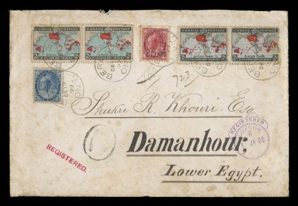 1898 2c Imperial Penny Postage, horizontal pair in the lavender color combination and another pair in a strong blue color combination approaching the deep blue oceans, along
with 5c Blue on bluish Numeral and 2c on 3c Carmine Maple Leaf (Unit