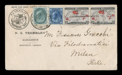 1898 2c Black, lavender and carmine Imperial Penny Postage, two singles tied to a very early cover to Italy, in combination with 5c Blue on bluish Maple Leaf and 1c Gray green
Numeral (Unitrade 70, 75) making the double U.P.U. letter rate