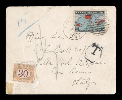 1898 2c Black, deep blue and carmine Imperial Penny Postage, well centered single with deep colors posted in single franking to Italy, tied by LondonOnt.JA 30 99 c.d.s., marked
due and 30c Buff and magenta postage due (Scott J8) tied by