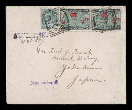 1898 2c Black, deep blue and carmine Imperial Penny Postage, two singles with strong deep colors, along with 1c Gray green Numeral (Unitrade 75) tied by two clear strikes of
Three RiversQue. MY 8 99 type 1 squared circle pmks., posted gener