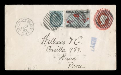 1898 2c Black, blue and carmine Imperial Penny Postage, pretty single along with 1c Gray green Numeral (Unitrade 75) both tied with beautiful strikes of circular grid cancel to
2c Red postal entire (Unitrade U11), neat St. George BrantOnt.F