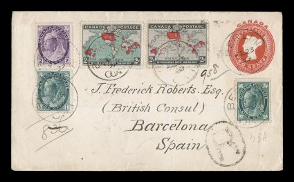 1898 2c Imperial Penny Postage, a handsome 2c Red postal entire (Unitrade U11) with an attractive well centered example of each of the 2c Map stamps with lavender and deep blue
oceans, accompanied by 1c Blue green Maple Leaf and 1c Gray green