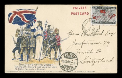 1898 2c Black, lavender and carmine Imperial Penny Postage, single tied to lovely patriotic post card of W.C. Wilson of Montreal, gorgeous multicolor design inscribed Soldiers
of the Queen, stamp tied by New GlasgowN.S.SP 4 00 c.d.s., poste