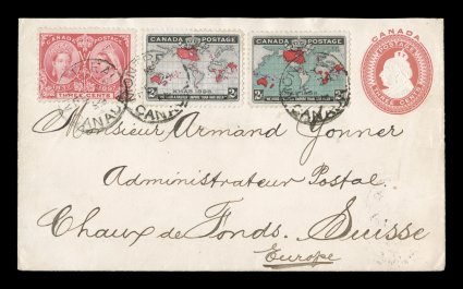 1898 2c Imperial Penny Postage, attractively franked 3c Red postal entire (Unitrade U8) with a fresh well centered example of each of the 2c Map stamps with lavender and deep
blue oceans, plus a 3c Jubilee (Unitrade 53), all making the 10c doub